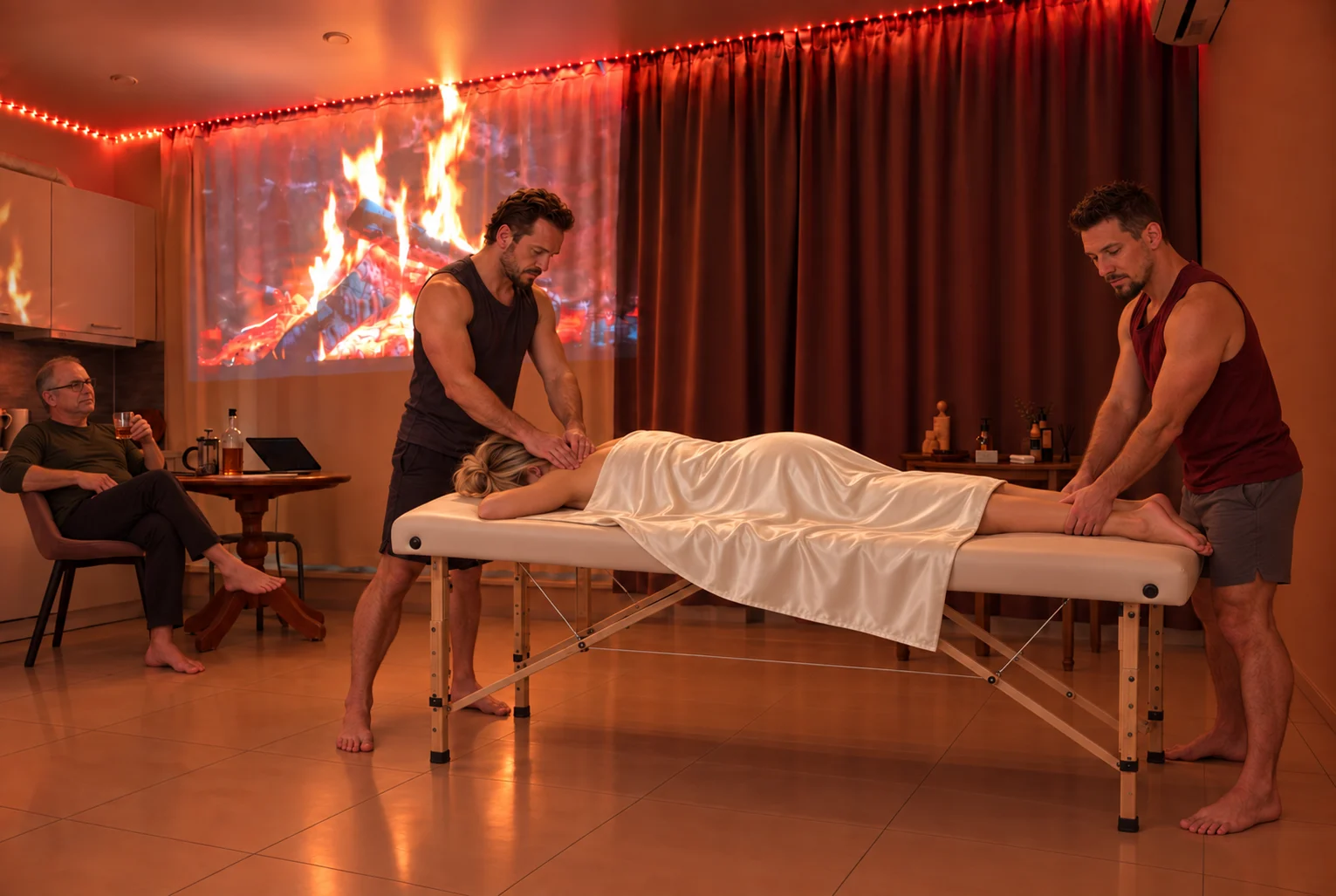 Spa-ракурс программы «Свидетель»: два разных мастера работают у плеч и ног блондинки на массажном столе, партнёр наблюдает с виски